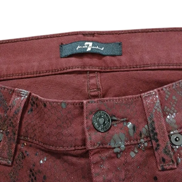 7 For All Mankind Burgundy Metallic Snakeskin Stretch Skinny Jeans size 27 - Picture 4 of 8